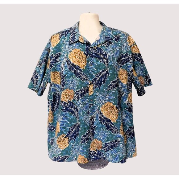 Island Shores Hawaiian Shirt Mens XXL Blue Green Pineapple Short Sleeve Cotton - Picture 1 of 7